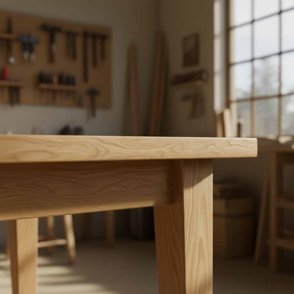 A warm minimal photograph of a handcrafted wooden furniture detail in a sunlit workshop, natural khaki and tan tones, soft shadows, close-up of a finely finished wood surface with visible grain, artisan slow-craft aesthetic, muted warm color palette