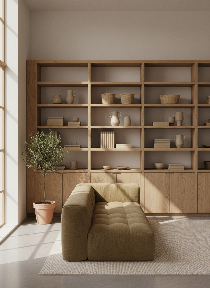 A minimal warm photograph of a thoughtfully designed interior space with wooden shelving and storage, khaki and off-white tones, soft daylight, calm artisan atmosphere